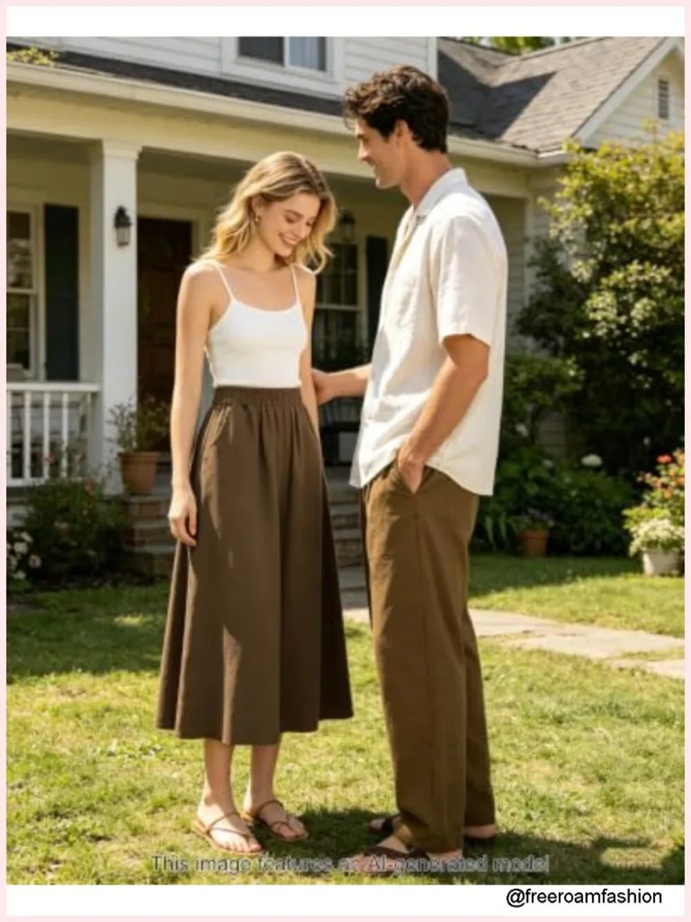 Cotton Linen Midi Skirt with Pockets A-Line Flowy Elastic High Waist Boho Skirt
